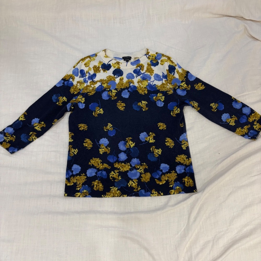 Talbots Pure Cashmere Floral Sweater Blue Yellow Crew Neck 3/4 Sleeve Large